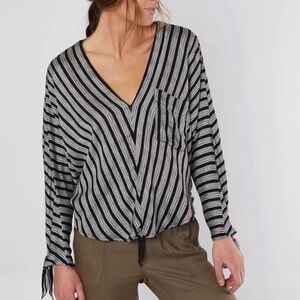 Free People EUC Morning Stripe Dolman Tie Sleeve Top Black White S Boho Pock